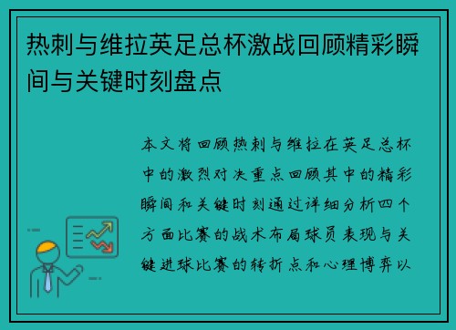 热刺与维拉英足总杯激战回顾精彩瞬间与关键时刻盘点
