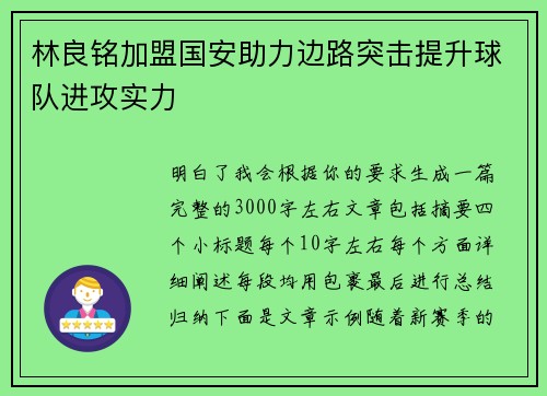 林良铭加盟国安助力边路突击提升球队进攻实力